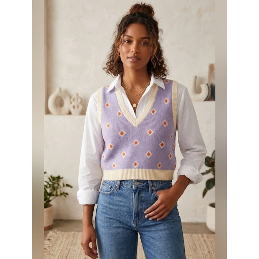 Pastel Purple Argyle Diamond Knit V-Neck Sweater Vest Cropped Lavender Boho- L